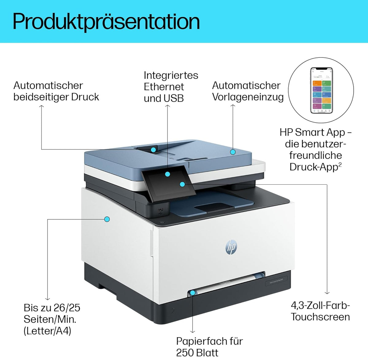 Impresora multifunción láser a color HP Color LaserJet Pro MFP 3302fdwg, fax, impresión automática a doble cara, pantalla táctil, Wi-Fi, Ethernet, USB, HP Wolf Pro Security