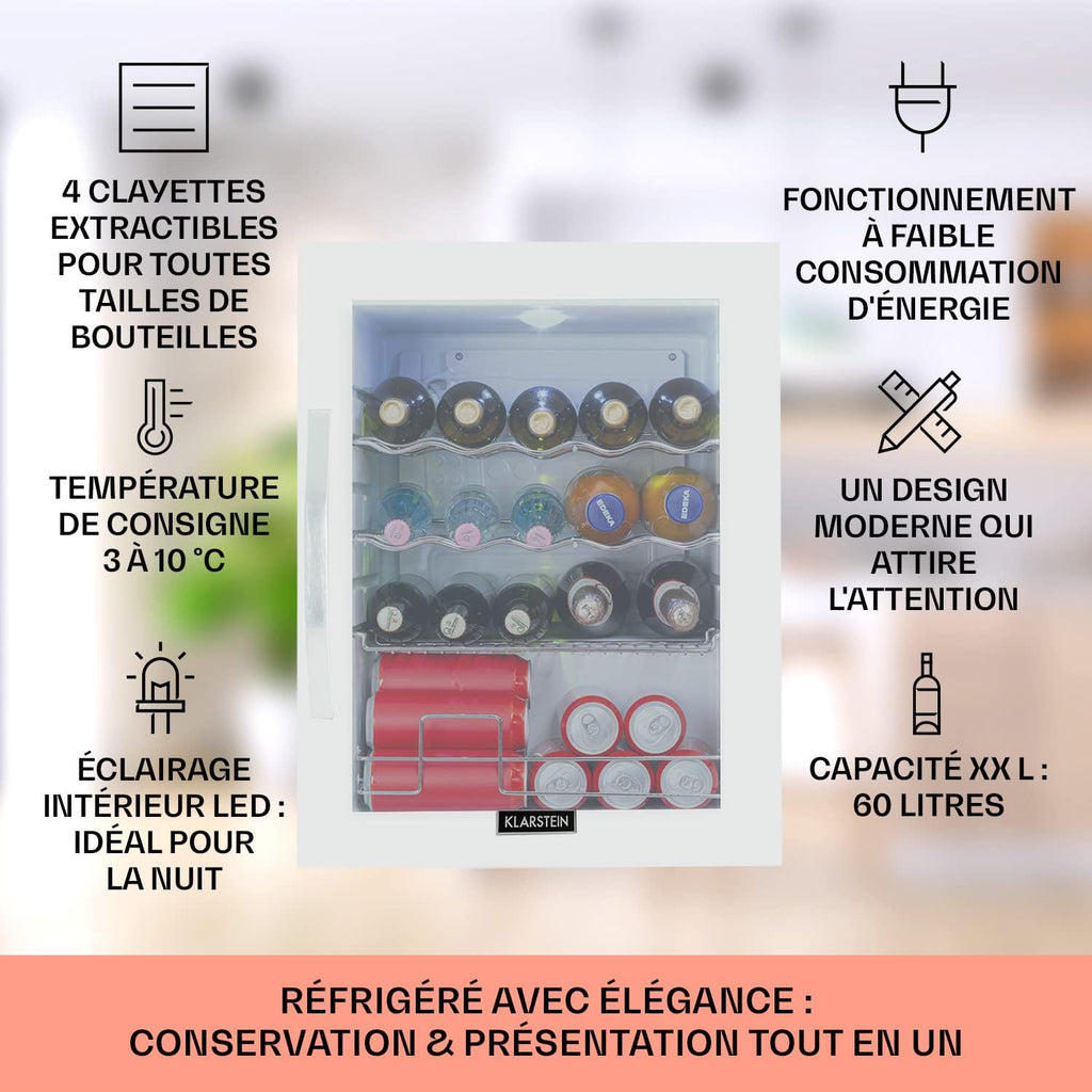 KLARSTEIN Mini nevera para dormitorio y oficina, nevera pequeña silenciosa, mini bar refrigerador de 60 L, frigorífico pequeño para camping, estantes ajustables, ondulados para vino, latas, nevera para cerveza
