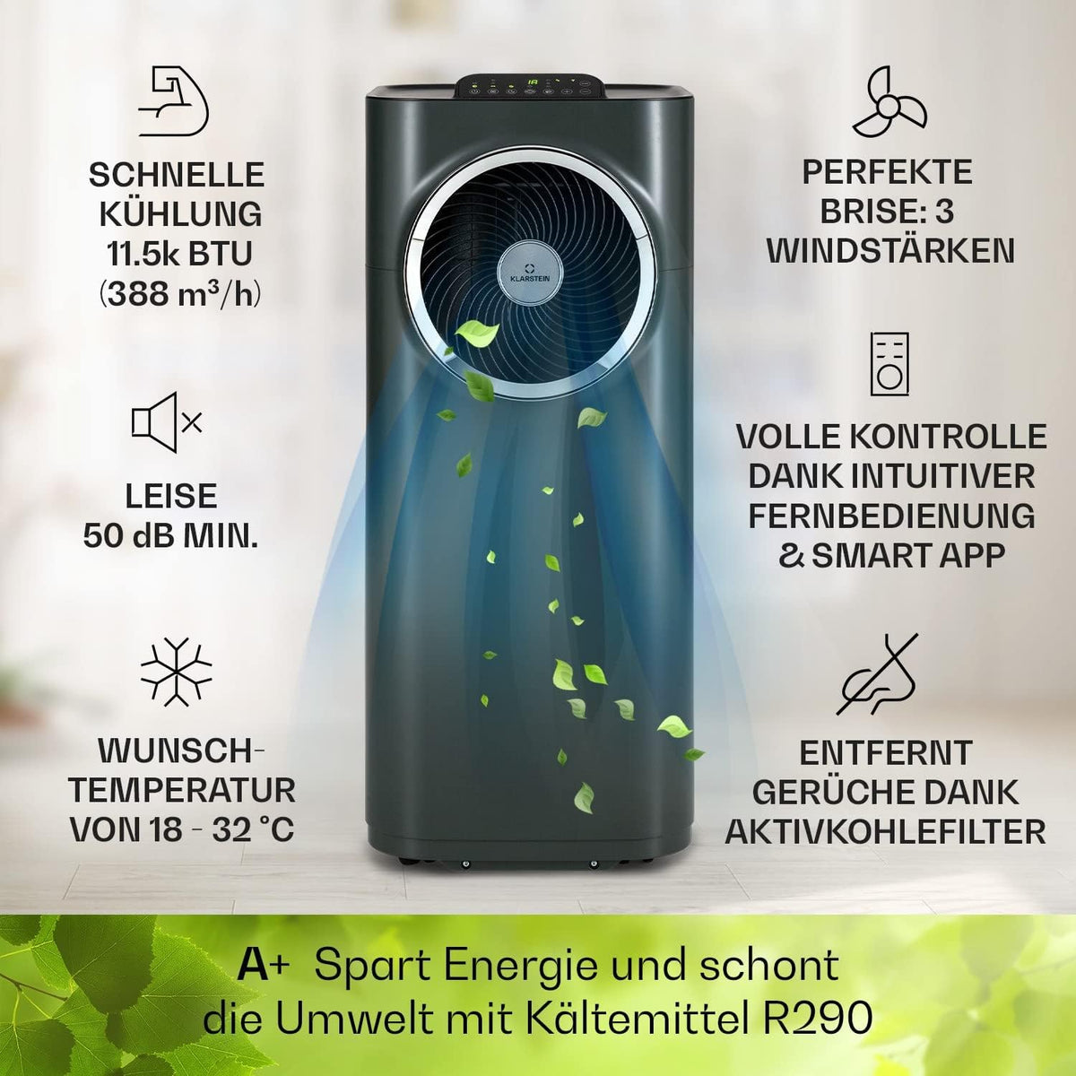 Acondicionador de aire portátil Klarstein con manguera de escape, unidad de climatización 5 en 1, ventilador, deshumidificador, purificador de aire y modo nocturno, control por aplicación, pequeño y portátil, para hogar y oficina, 12000 BTU