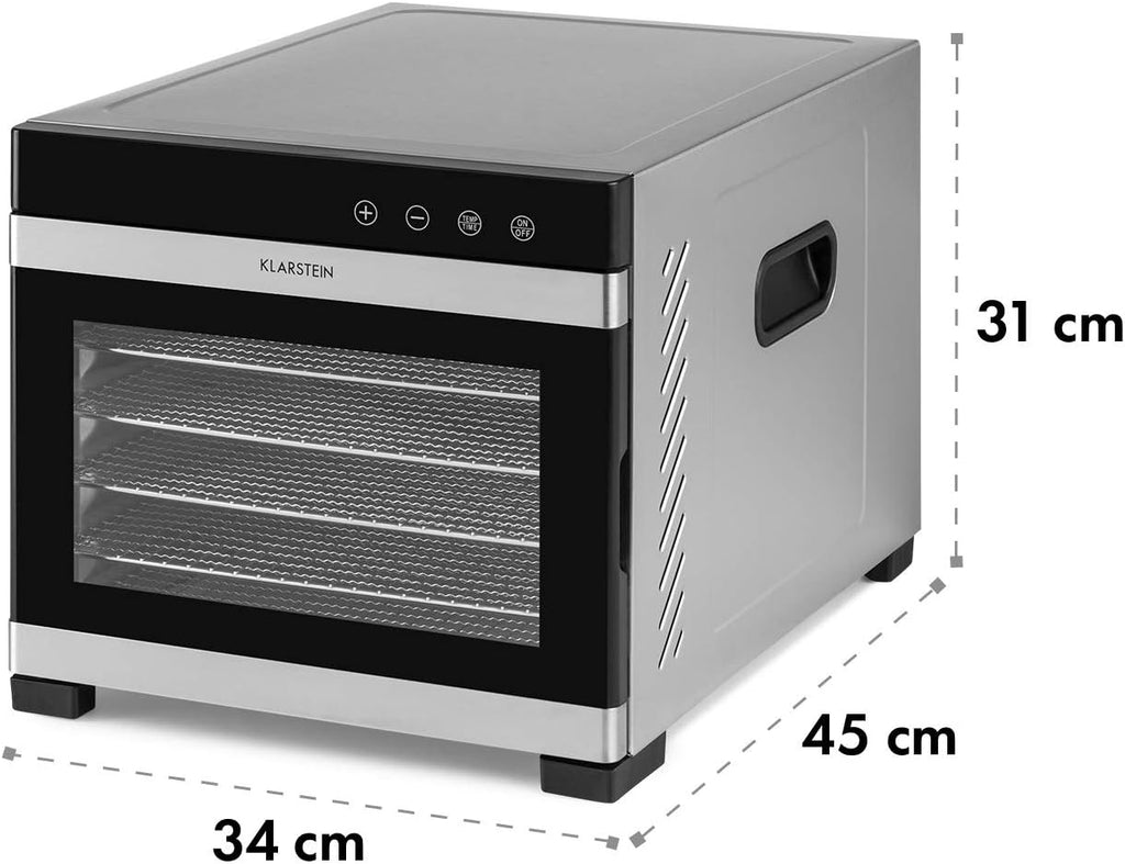 Deshidratador de alimentos Klarstein Flavour Dry con carcasa de acero inoxidable, 6 bandejas, pantalla táctil LCD, temporizador, circulación de aire de 360°, termostato digital, 35-75 °C
