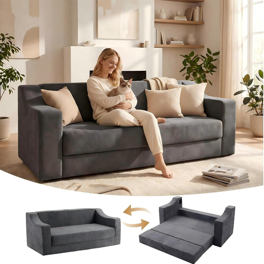Sofá cama con función de descanso: sofá de 2 plazas sin estructura, de espuma, sofá de suelo con reposabrazos, sofá cama para invitados, pernoctaciones, sala de estar, dormitorio, apartamento y balcón