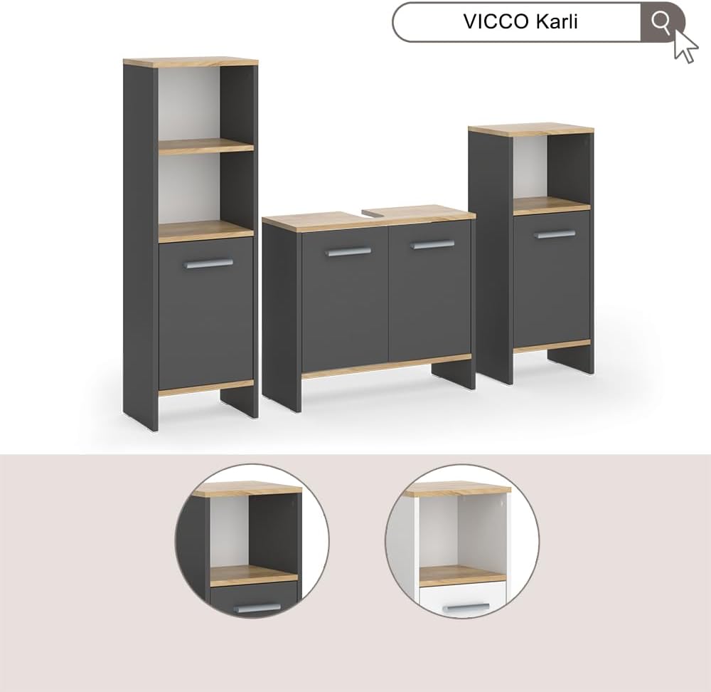 Set de muebles de baño Vicco Karli, antracita/roble dorado, 131.4 cm, compuesto por mueble bajo lavabo, armario con espejo y armario columna