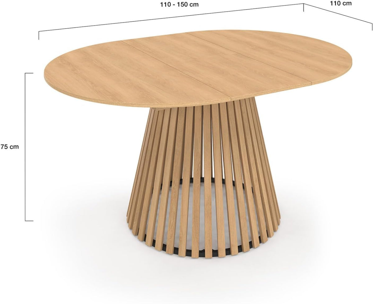 IDMarket - Mesa de comedor redonda extensible Carmen para 4-8 personas, base de listones de madera y tablero de madera 110-150 cm