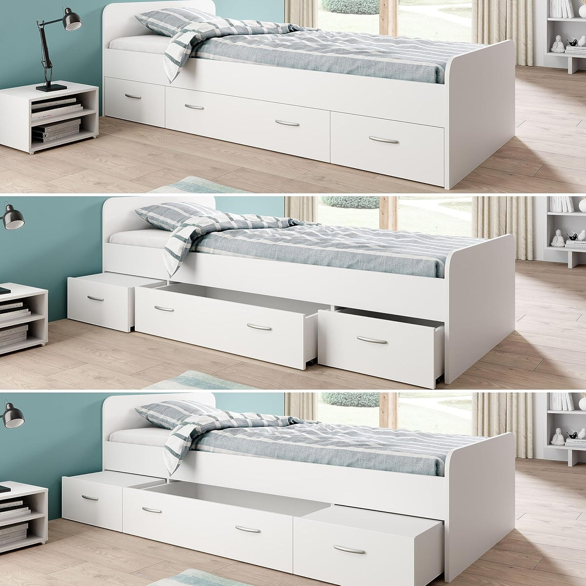 Cama individual moderna Boro con 3 cajones 90 x 200 cm - Práctica cama tipo litera para habitación juvenil en blanco - 95 x 66 x 204 cm (ancho/alto/fondo)