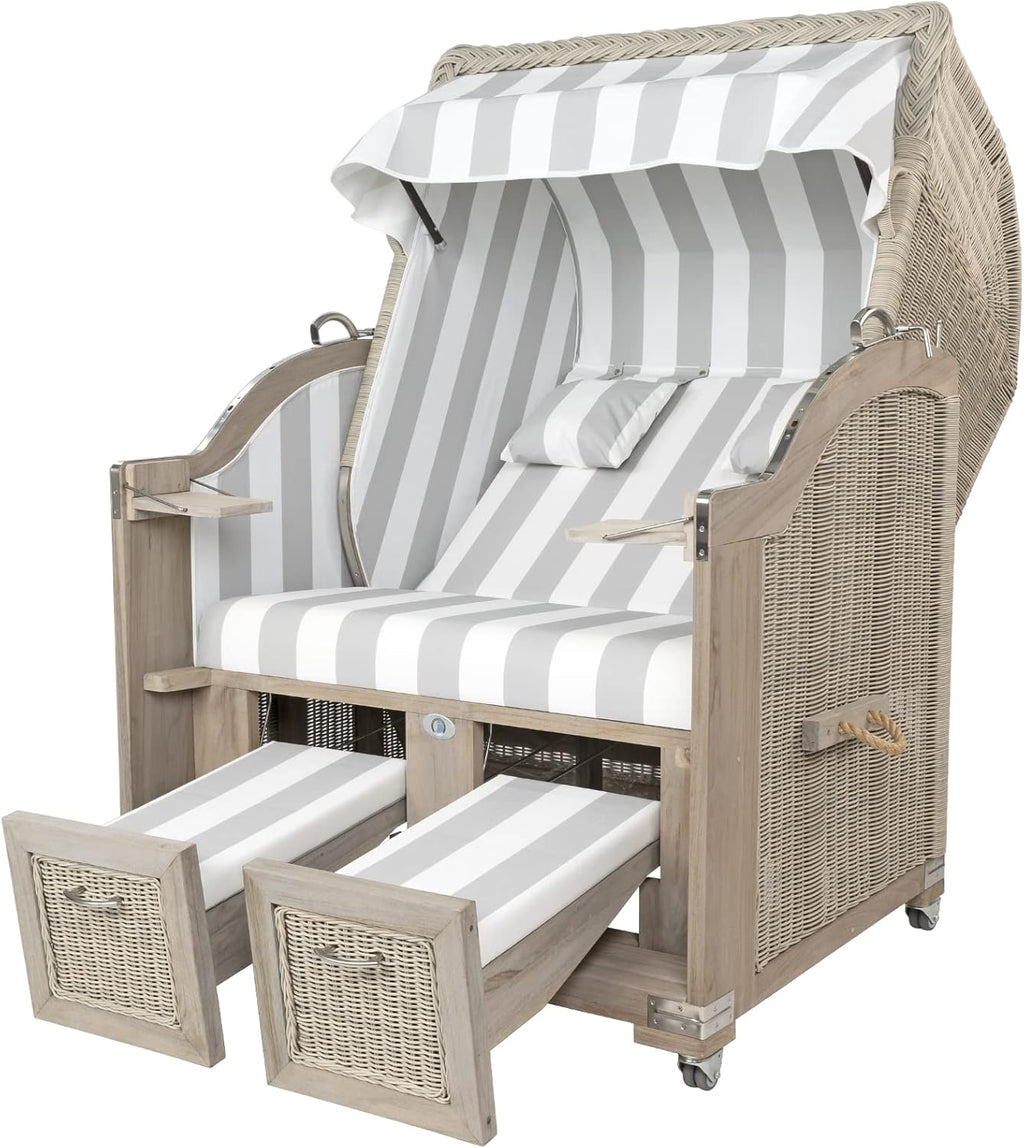 Strandkorbprofis Strandkorb Landhaus Sylt teca vintage, trenzado color blanco lavado, tapicería de PVC con rayas anchas grises