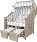 Strandkorbprofis Strandkorb Landhaus Sylt teca vintage, trenzado color blanco lavado, tapicería de PVC con rayas anchas grises