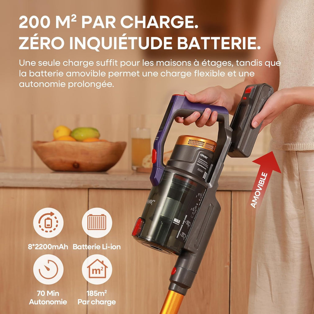 Aspiradora escoba sin cable KIPMAX (de mano y vertical) 550W/50KPa, aspiradora sin cable con 70 minutos de autonomía - Pantalla LED, aromaterapia, filtrado de 7 capas, aspiradora escoba, para pelo de mascota/alfombras/suelos duros