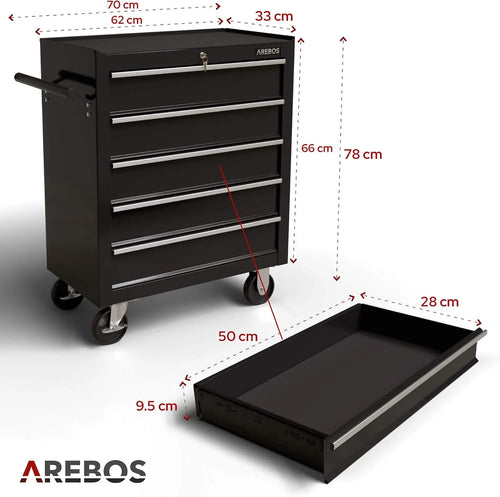 Arebos Wózek warsztatowy | 5 przegródek, centralnie zamykany| powłoka antypoślizgowa | koła z hamulcem postojowym | masywny metal, czerwony | czarny