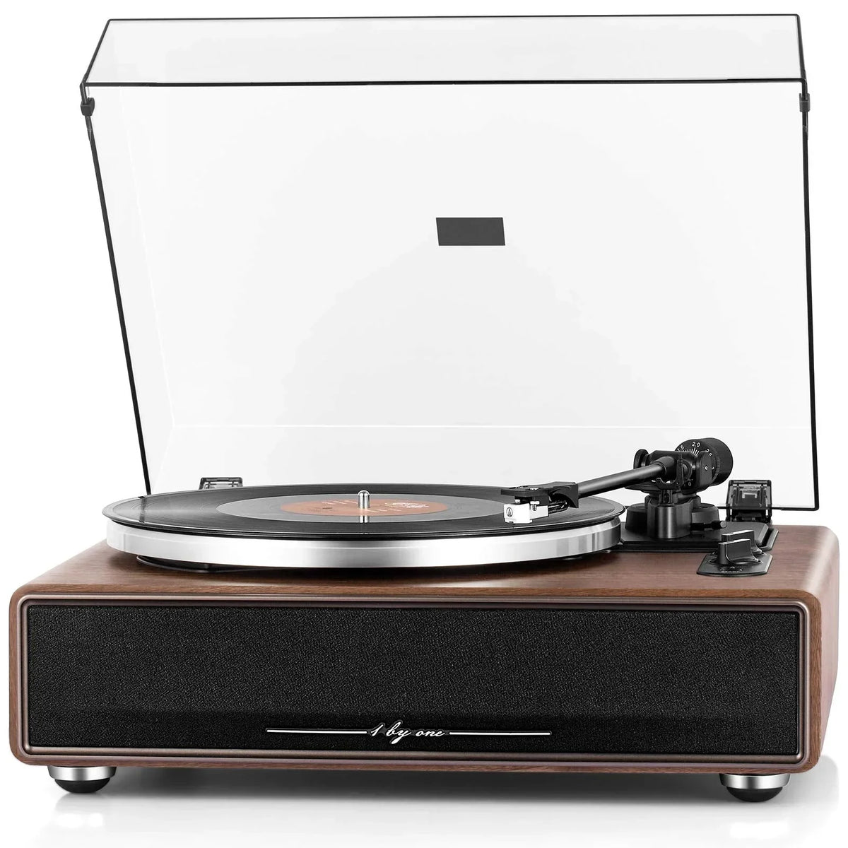 1byone MM Tocadiscos con altavoces, 33/45 RPM, Bluetooth, transmisión por correa, parada automática, preamplificador phono