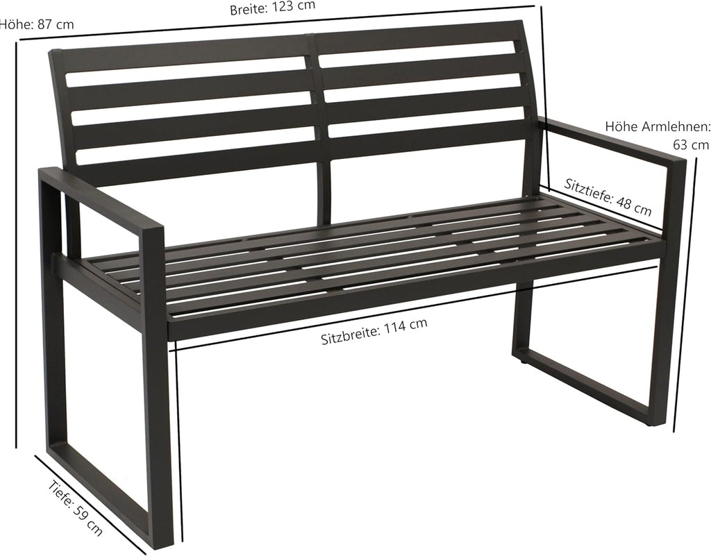 Banco de jardín DEGAMO Atlanta de 2 plazas, 123 cm, de aluminio resistente a la intemperie e inoxidable, negro, para exteriores