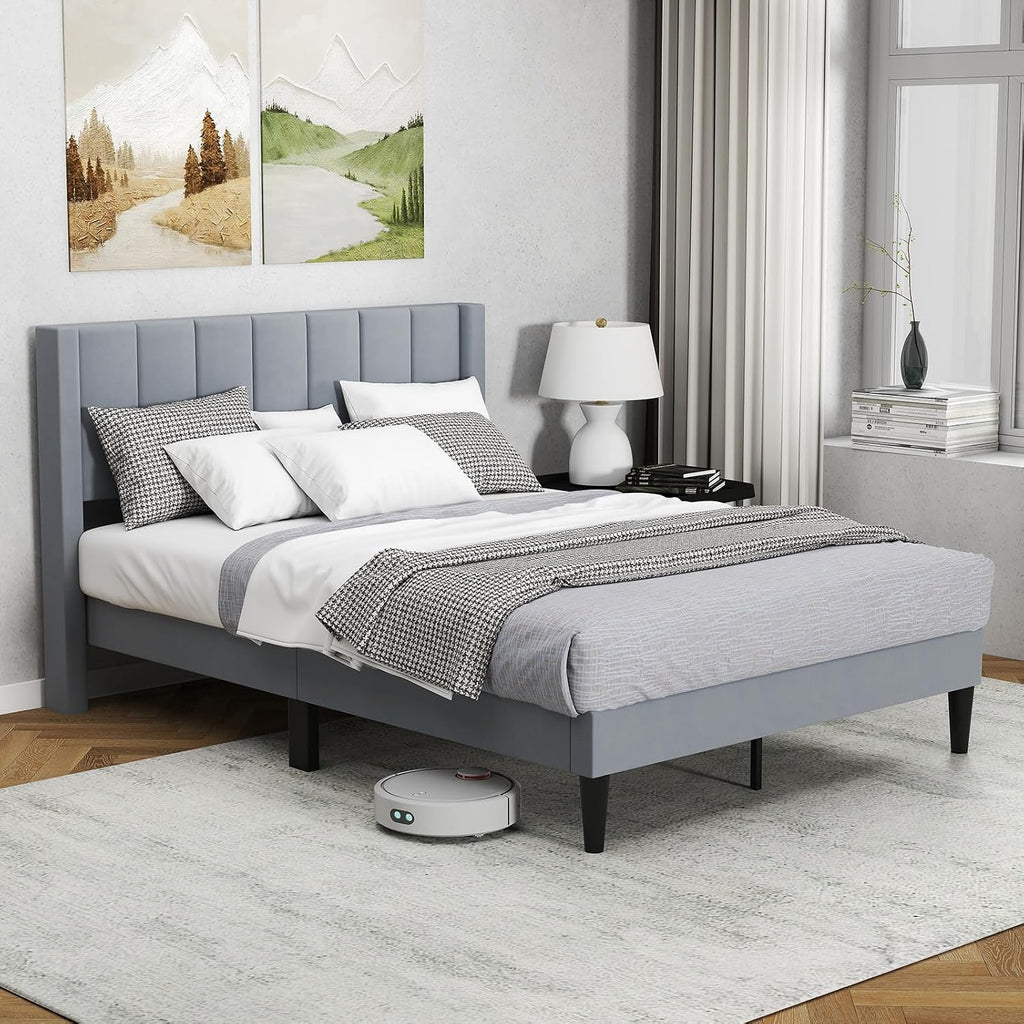 COSTWAY Rama łóżka na materac 200 x 140 cm, tapicerowany stelaż łóżka dwuosobowego, łóżko z podnóżkiem z zagłówkiem, drewniana podpora, regulowane podkładki pod stopy, kolor szary (Model I,L)