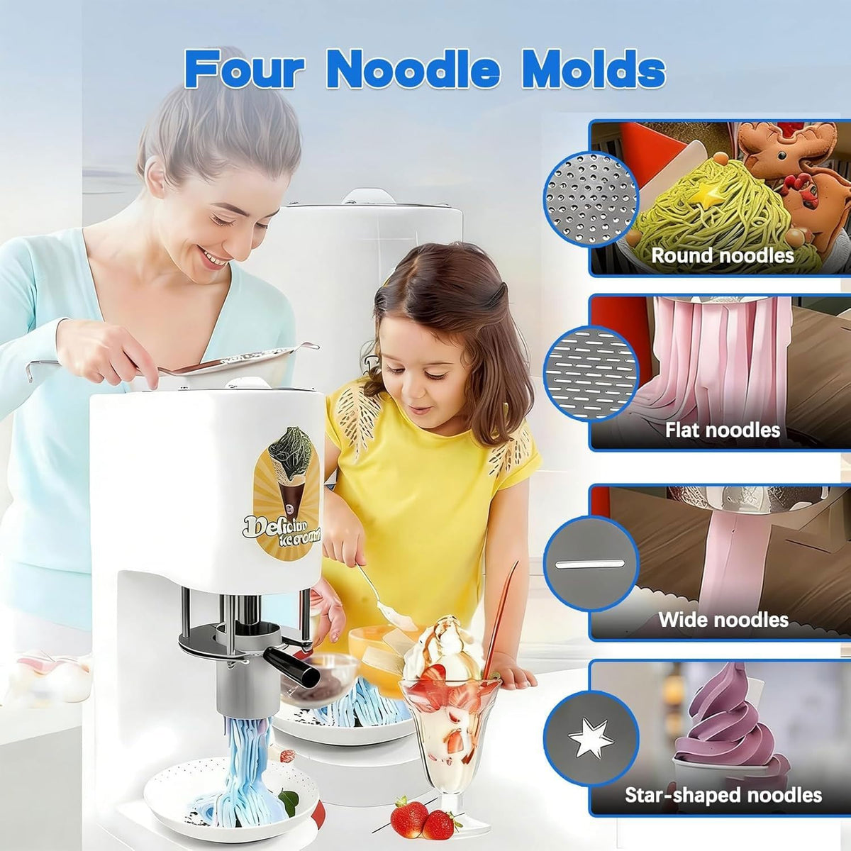 Máquina comercial de helado tipo espagueti, 28–30 l/h, máquina profesional de fideos de helado con 4 moldes diferentes, para catering y heladerías (rojo)