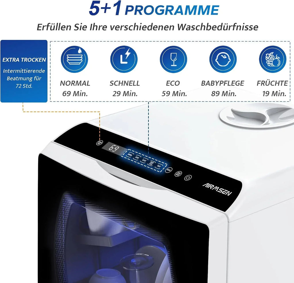 Lavavajillas de sobremesa AE-TDQR03 Mini lavavajillas con depósito de agua de 5L, 6 programas, control táctil, pantalla LED, 400W