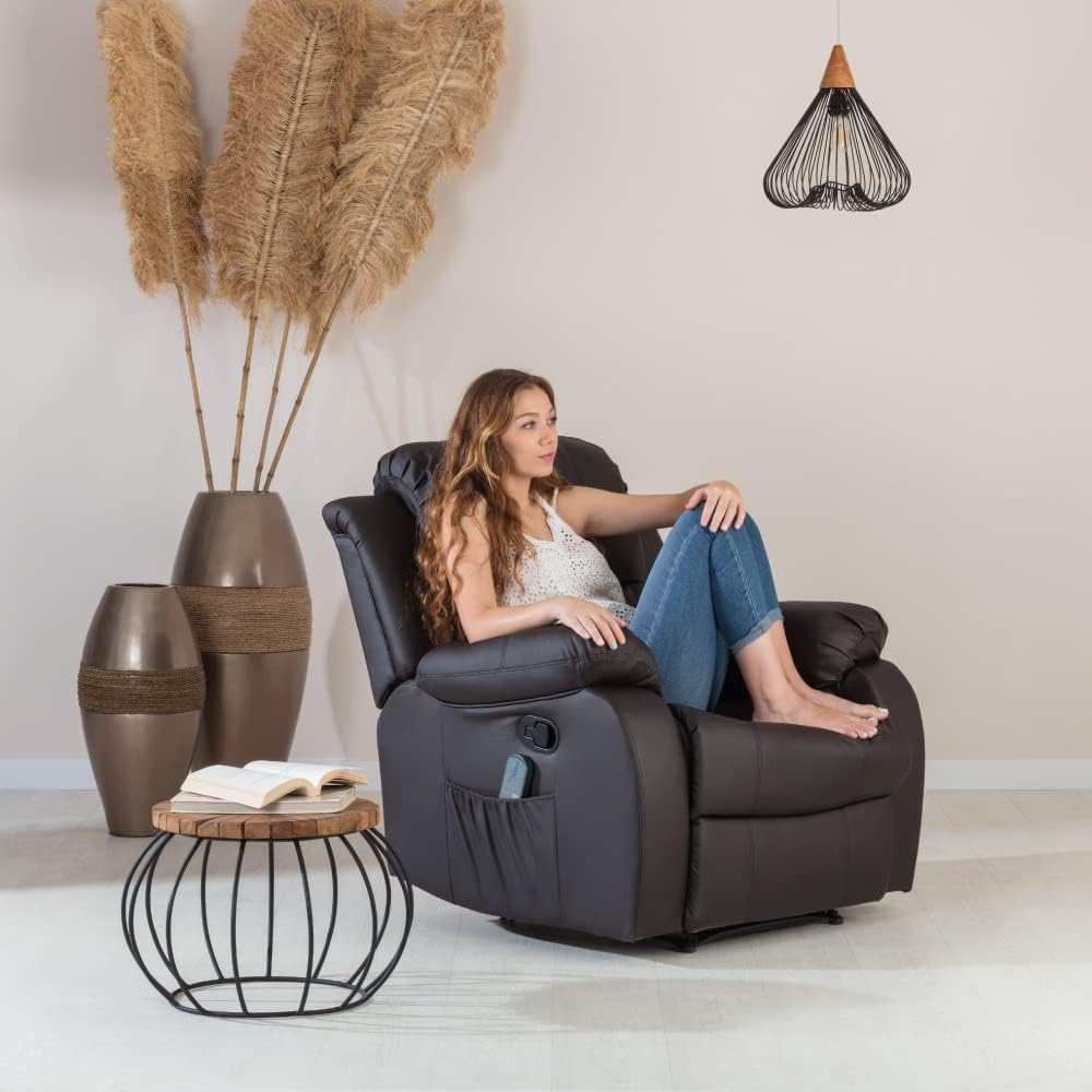 Don Descanso - Sillón Relax Masaje Calor Trevi Negro Reclinable 160º con 8 Motores Silenciosos, Calor Lumbar, Sistema de Masaje de 4 Zonas y Acabado en PU Anti-Cuarteo [Incluye Mando]. Ideal para Personas Mayores