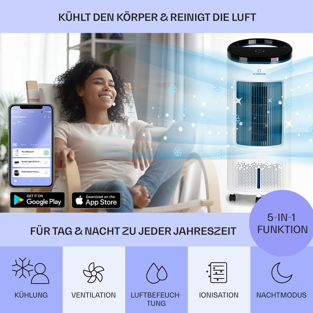 Enfriador de aire Klarstein con refrigeración por agua, enfriador evaporativo 4 en 1 silencioso, humidificador, ventilador y modo nocturno, aire acondicionado portátil de 7 L, enfriador de aire de 65 W, flujo de aire refrigerante de 330 m³/h