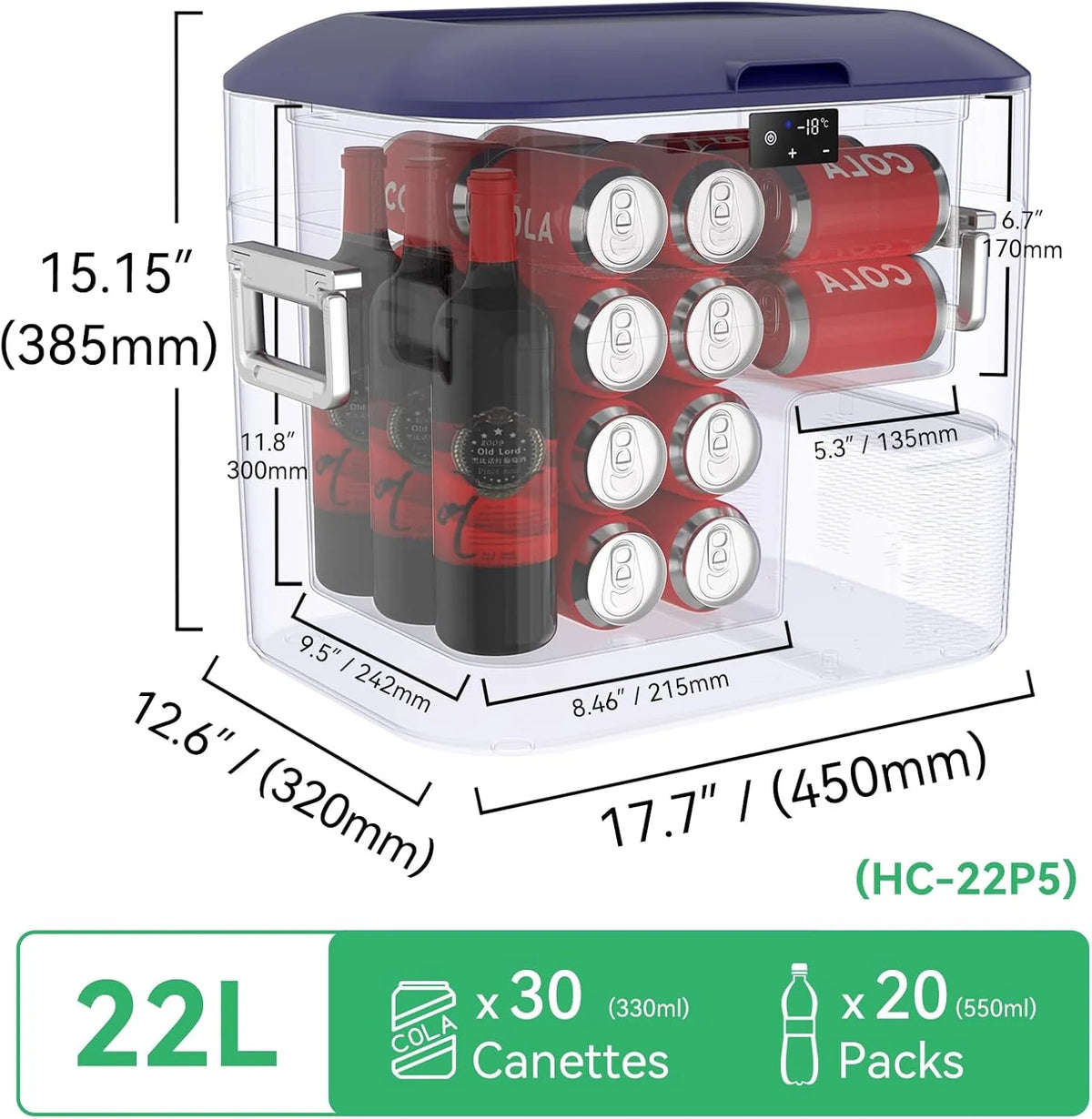 BINGI przenośna lodówka samochodowa 22 l, 12/24 V DC i 230 V AC, mini zamrażarka do samochodu, ciężarówki, na kemping, do domu (15°C do -18℃)