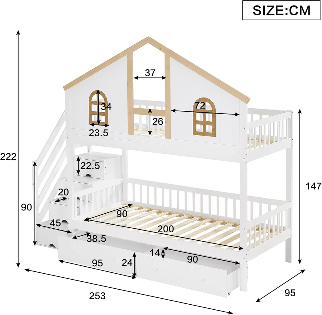 Cama alta Merax 90x200cm, litera infantil para 2 niños, cama casita con escalera, almacenaje y cajones, cama tipo casa del árbol con ventana y techo, protección anticaídas y somier, pino+MDF, sin colchón, blanca