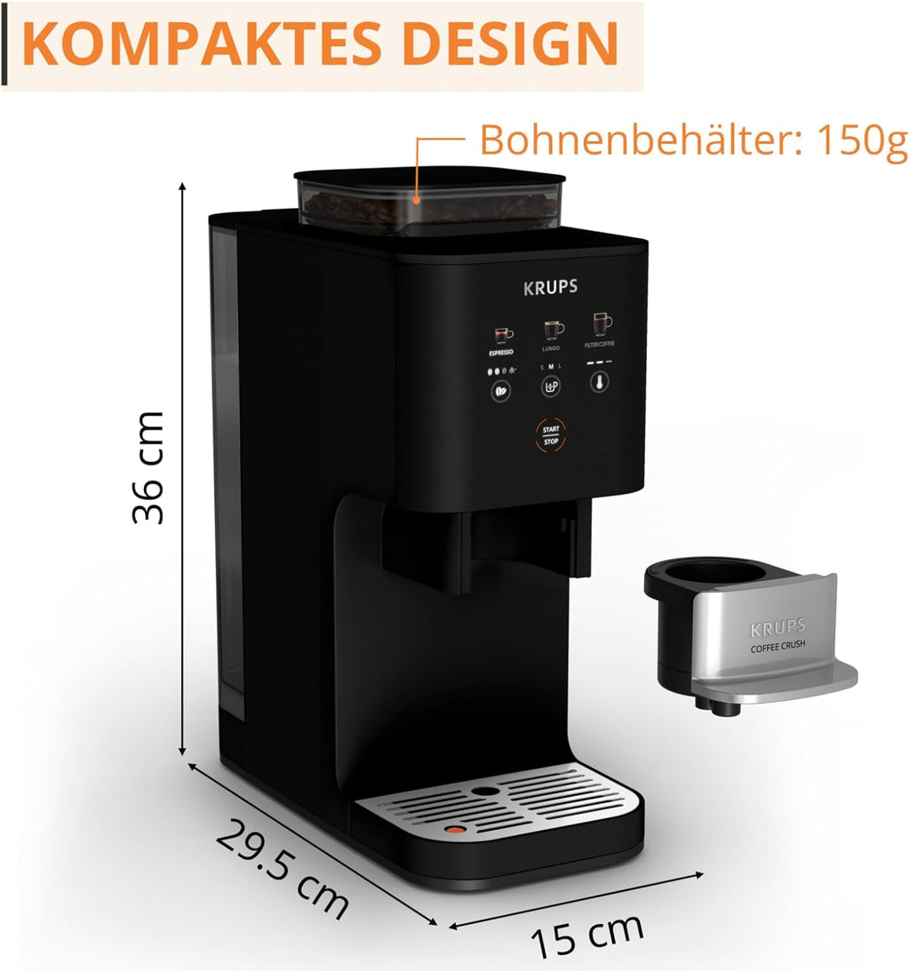 Cafetera automática Krups Coffee Crush  Extra, molinillo de acero inoxidable para café recién molido, solo 15 cm de ancho, panel de control inteligente, también para café premolido, limpieza fácil, negro, SA4028E0