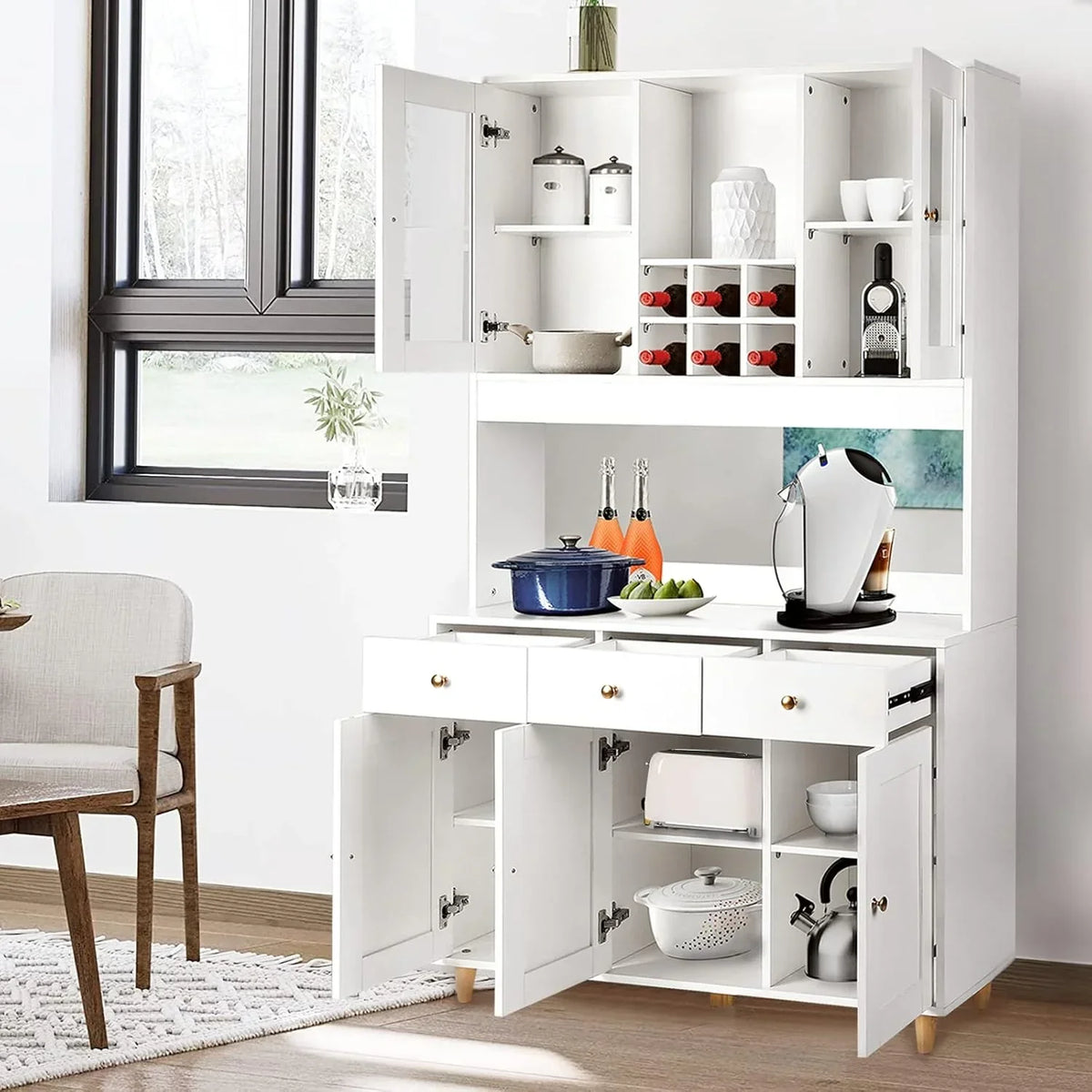 VOWNER Armario Aparador de Cocina/Buffet, 100L x 38An x 181Al cm, Mueble Auxiliar de Almacenaje, 5 Puertas y 5 Estantes Ajustables, Blanco