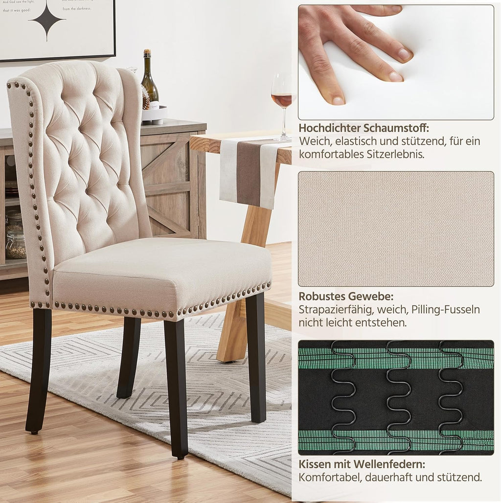 Yaheetech Juego de 2 sillas de cocina con respaldo en forma de ala, silla tapizada de comedor con capacidad de carga de hasta 140 kg para comedor/cocina/sala de estar/dormitorio, beige