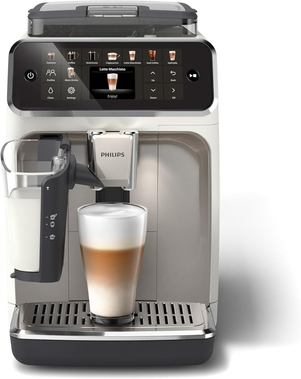 Cafetera superautomática Philips Serie 5500 – 20 bebidas, moderna pantalla táctil a color, sistema de leche LatteGo, tecnología SilentBrew, molinillo 100% cerámica, QuickStart, depósito de agua de 1,8 l, cromo blanco (EP5543/90)