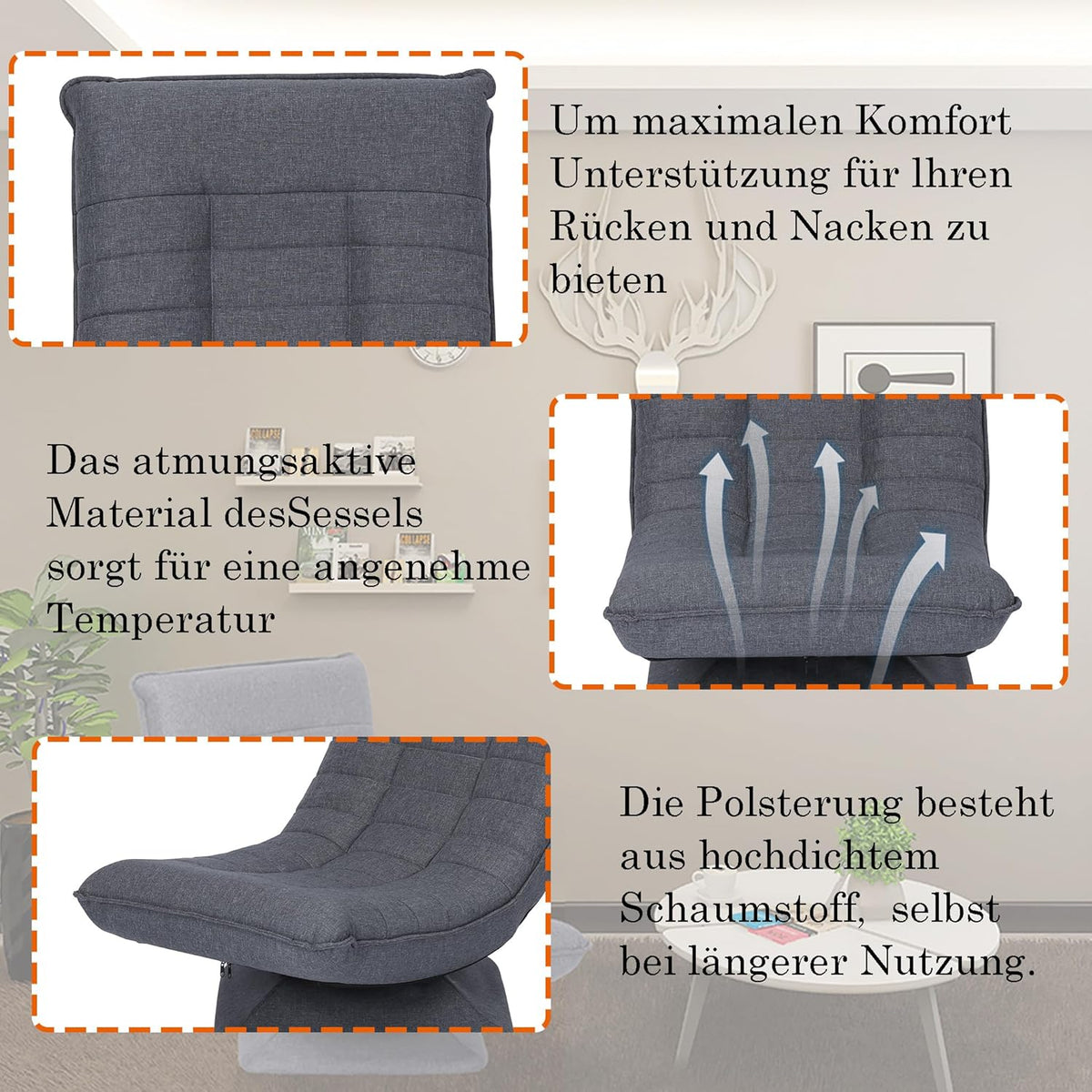 Sillón relax, cómodo sillón de suelo con respaldo ajustable en 4 posiciones, función giratoria de 360°, mecanismo de plegado, acolchado de 13 cm, capacidad de carga de 150 kg para salón o dormitorio (gris)