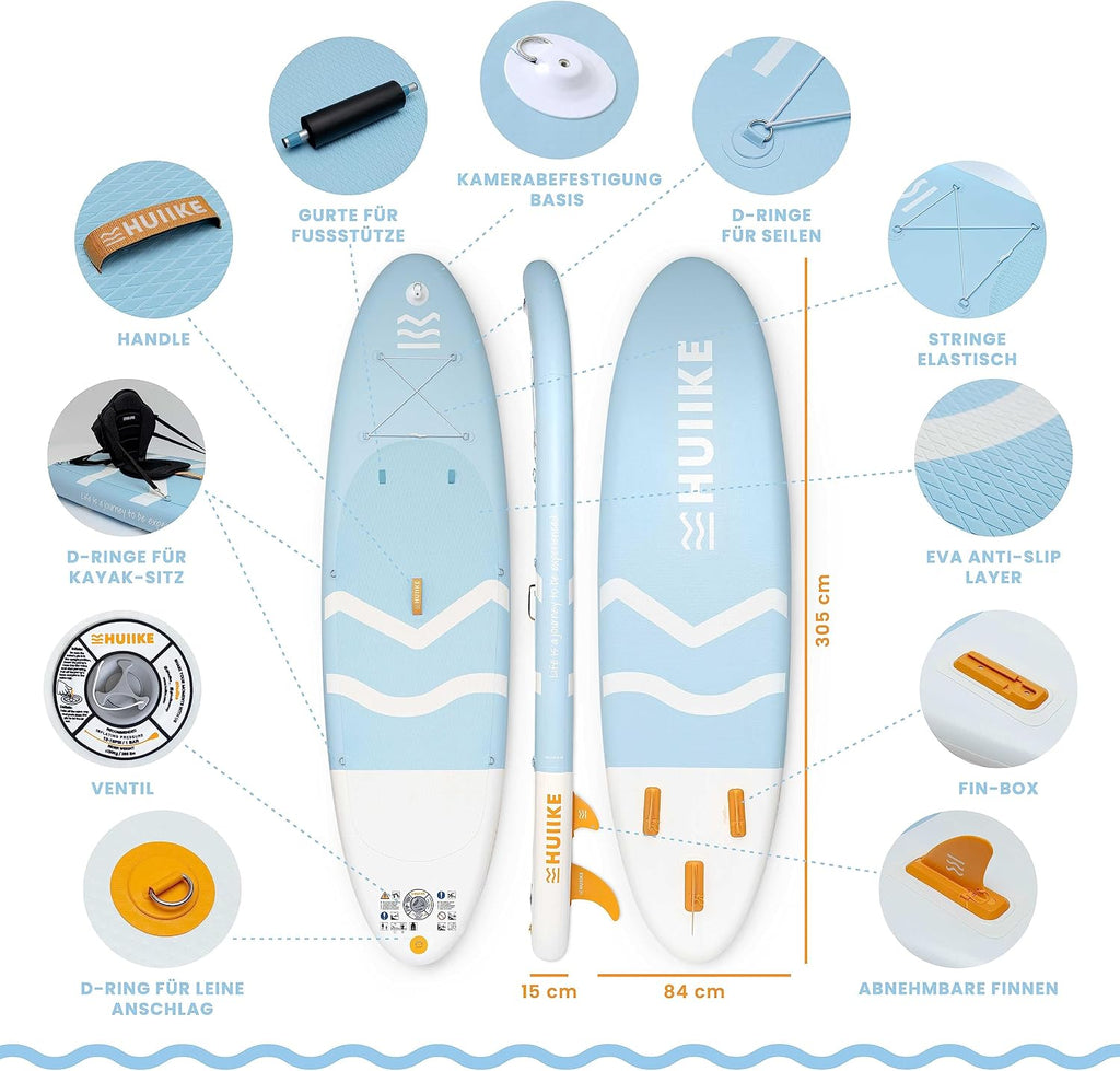 Tabla de Stand Up Paddle HUIIKE con accesorios, remo, aletas, correa, bomba y mochila. Tabla de SUP inflable de gran estabilidad y resistencia. Convertible en kayak, 305-365 cm, soporta 130-170 kg.