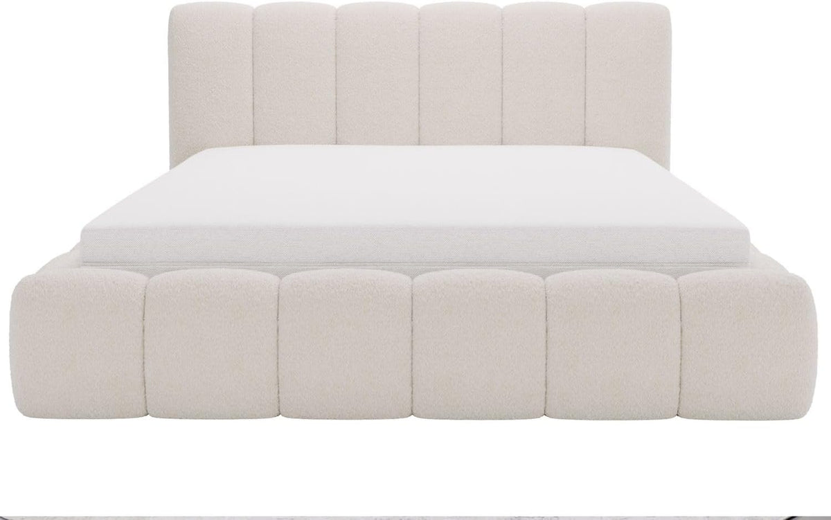 Cama tapizada GRAINGOLD Cloud 180x200 con arcón, cama tapizada con espacio de almacenamiento, tela de bouclé, con somier, con cabecero, sin colchón (beige, 180x200)