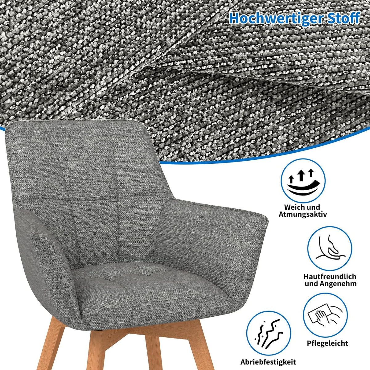 WAFTING Juego de 6 sillas de comedor giratorias, silla giratoria de 360° con reposabrazos y patas de madera, silla tapizada de terciopelo para comedor, sala de estar, cocina, dormitorio, gris oscuro