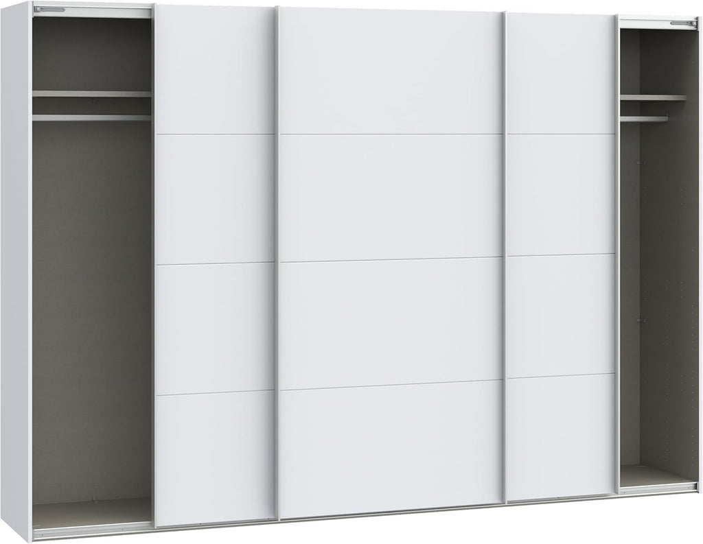 Armario corredero Forte SOPHISTISPACE 300 de 3 puertas con estantes y barra para colgar ropa, blanco, 299,8 cm de ancho, 210,5 cm de alto, 62,9 cm de profundidad