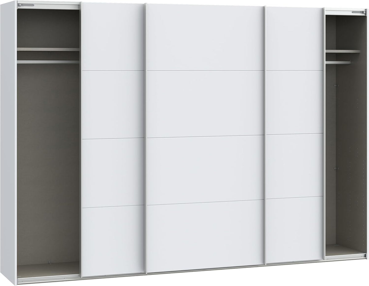Armario corredero Forte SOPHISTISPACE 300 de 3 puertas con estantes y barra para colgar ropa, blanco, 299,8 cm de ancho, 210,5 cm de alto, 62,9 cm de profundidad
