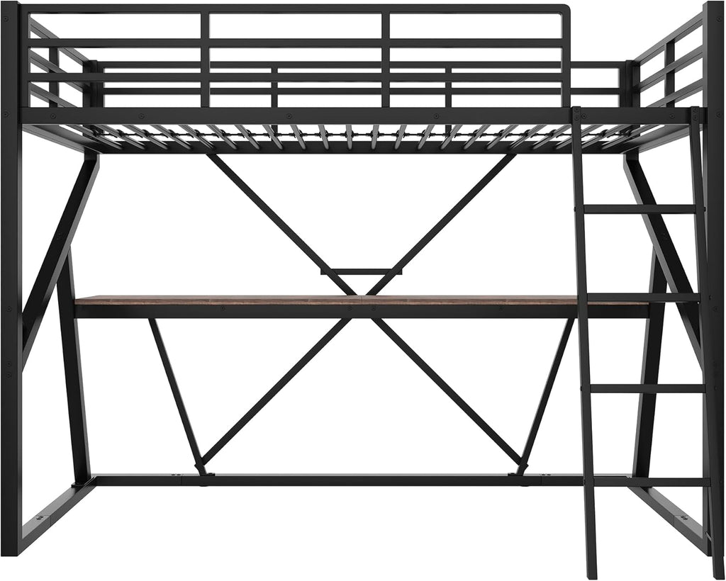 Cama alta infantil 90x200 cm, litera, cama de metal con tira LED, escritorio y escalera, cama individual juvenil, cama multifuncional, estructura de cama con protección anticaídas y somier, sin colchón, negro