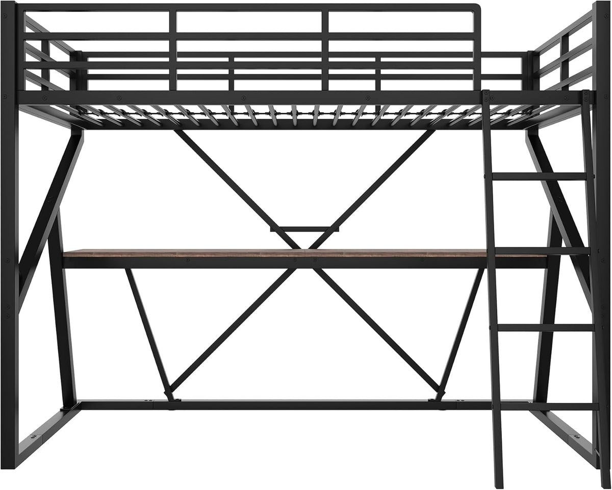 Cama alta infantil 90x200 cm, litera, cama de metal con tira LED, escritorio y escalera, cama individual juvenil, cama multifuncional, estructura de cama con protección anticaídas y somier, sin colchón, negro