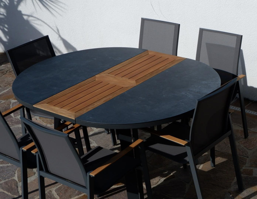 ALEOS. Conjunto de jardín, set de aluminio y teca con mesa redonda extensible de 120 cm a 160 cm + 6 sillas apilables, color antracita Trinidad