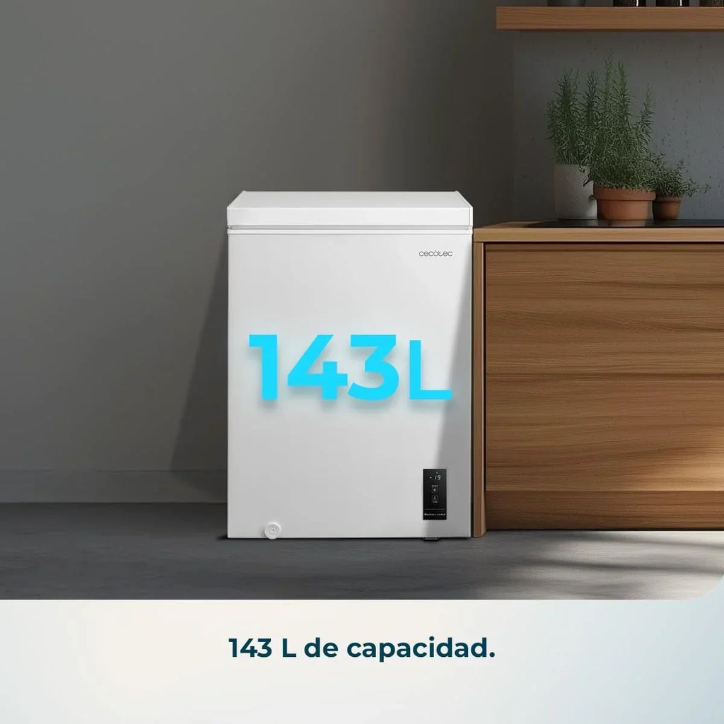 Congelador Horizontal Cecotec 143L Bolero CoolMarket Chest 143P Blanco E. Cesta con asas, control electrónico LED, UltraContact D-Cool, función dual, puerta ZeroG (80º-30º), congelación rápida, compacto