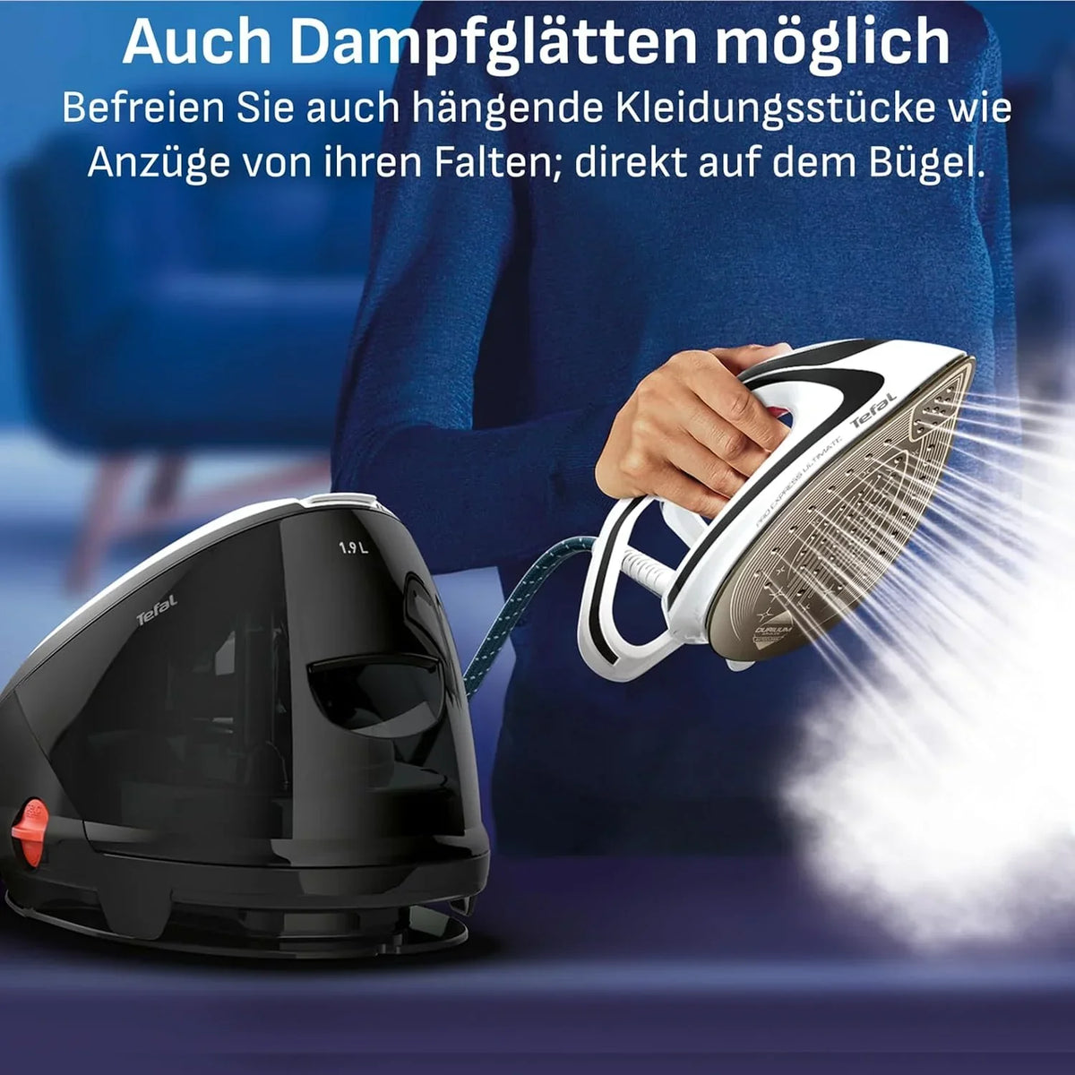 Centro de planchado GV9550 con 8 bares de presión de vapor, golpe de vapor de 520 g/min, depósito de agua de 1,9 L, colector antical y sistema antigoteo