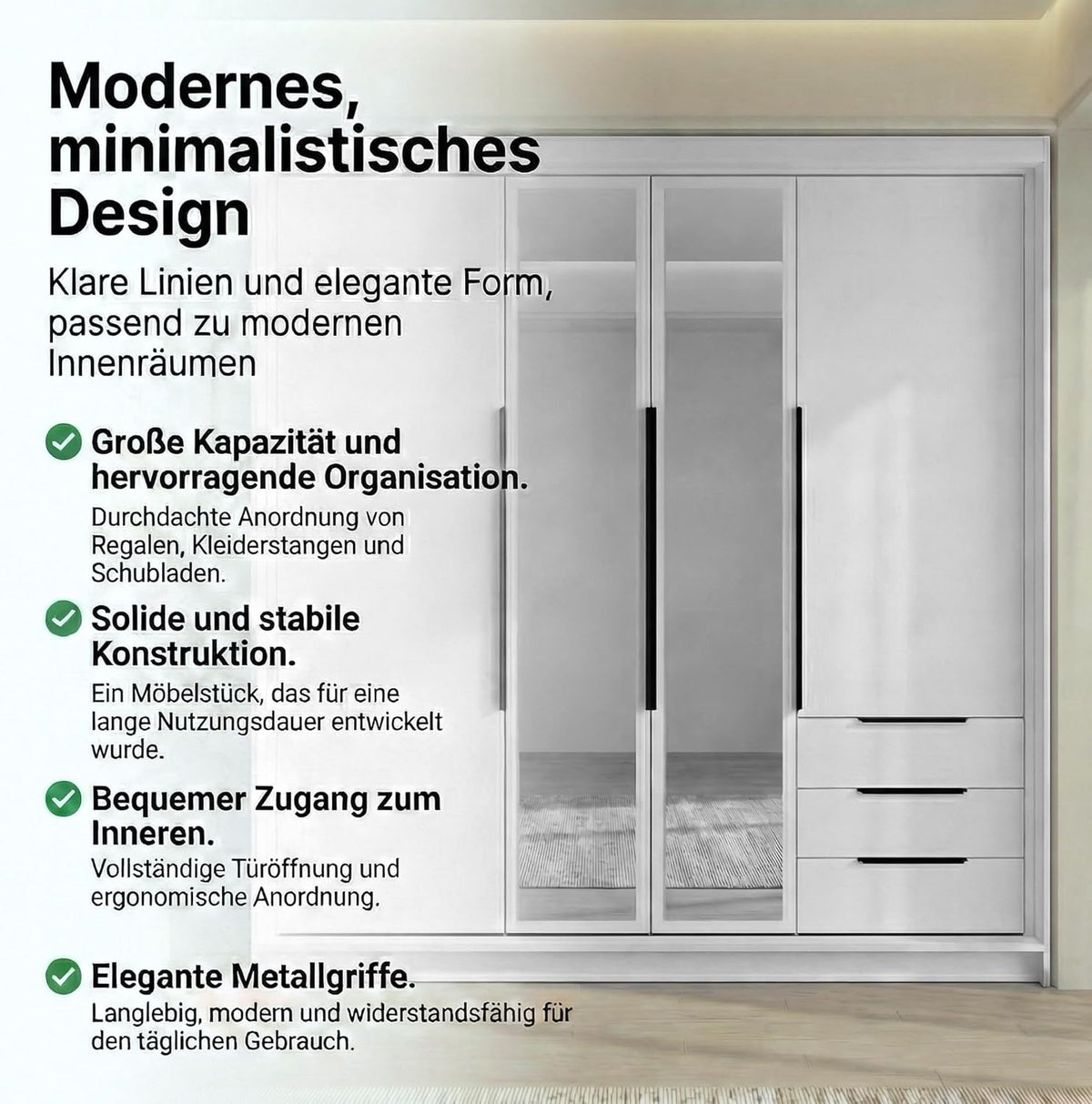 Armario de 4 puertas A und J MöbelLand VIVO con espejo y cajones - 200 x 215 cm - Armario de puertas batientes con barra para ropa y estantes