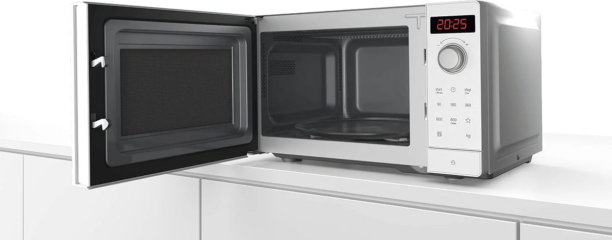 Bosch FFL023MW0 seria 2 kuchenka mikrofalowa, 26 x 44 cm, 800 W, talerz obrotowy 27 cm, zawias drzwi z lewej strony, AutoPilot 7 7 programy automatyczne, obsługa czyszczenia, wyświetlacz dotykowy LED,