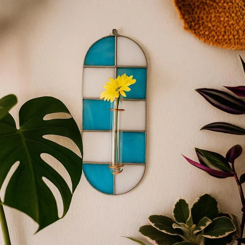Florero de pared con tubo de ensayo, vidrio de colores, azul turquesa y blanco ópalo, Colección Funky, estación de propagación