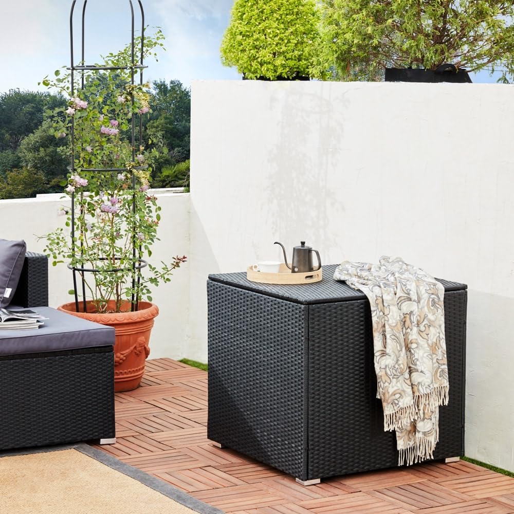 Set de muebles de jardín Lounge Casaria® incl. caja de almacenamiento de 318 L, para exteriores, con mesa, cojines, resistente a la intemperie, poliratán, color negro antracita, muebles para balcón y terraza