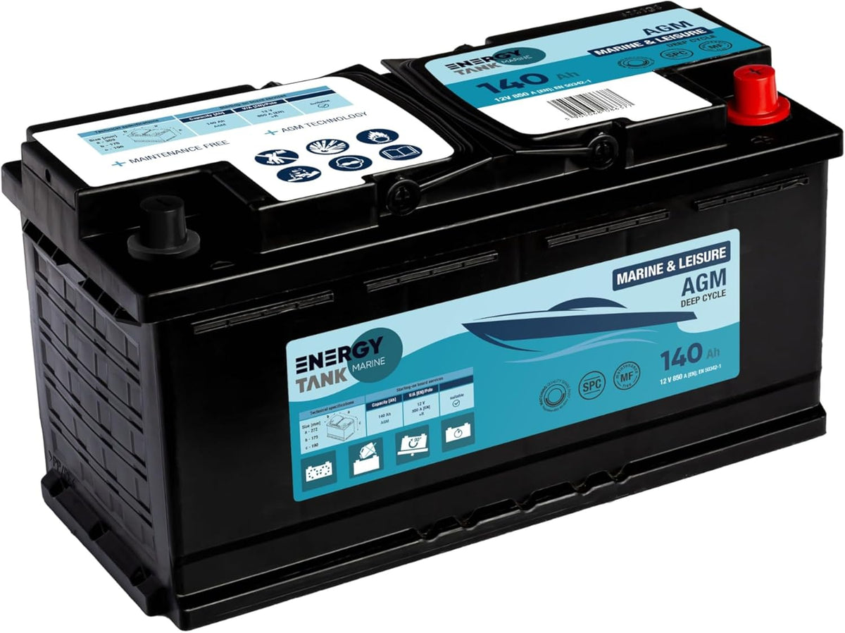 Batería AGM 12V 140Ah de descarga lenta – Batería de larga duración para barcos y autocaravanas – Sin mantenimiento, resistente a las vibraciones.