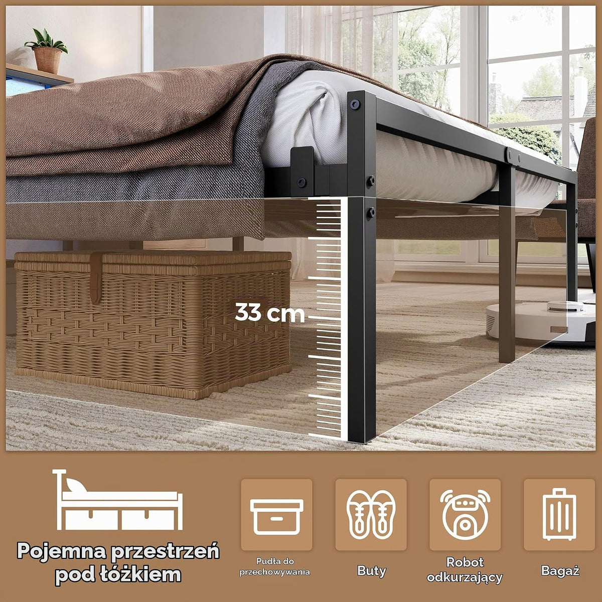 Yaheetech Rama łóżka 160 × 200 cm z metalowym stelażem, łóżko 2-osobowe z oświetleniem LED i stacją ładującą (2 AC, 2 USB), podwójne łóżko z półką do przechowywania, pojemność 400 kg