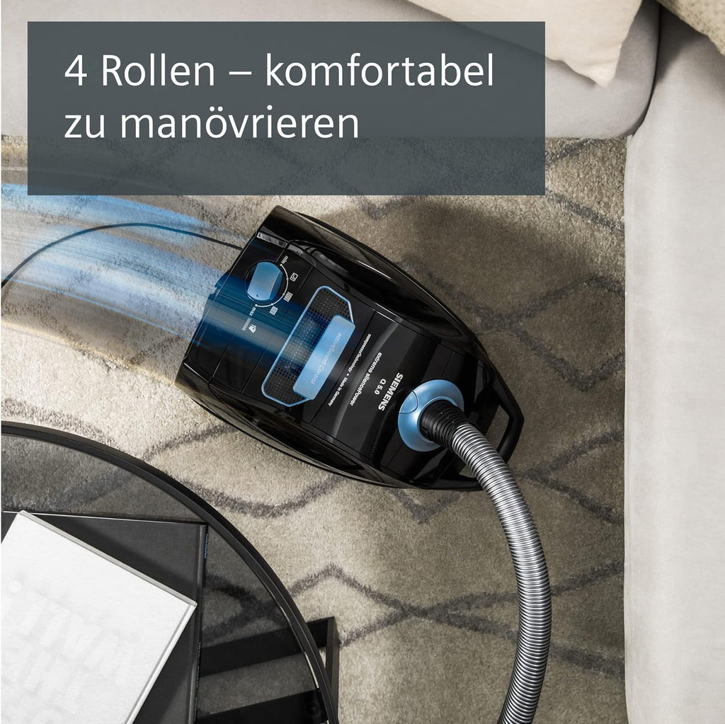 Aspiradora con bolsa Siemens Q5.0 extreme silencePower VSQ5X1230, ideal para alérgicos, filtro higiénico, gran potencia de succión, cepillo para parquet, alfombras y azulejos, cable largo, 850 W, negro