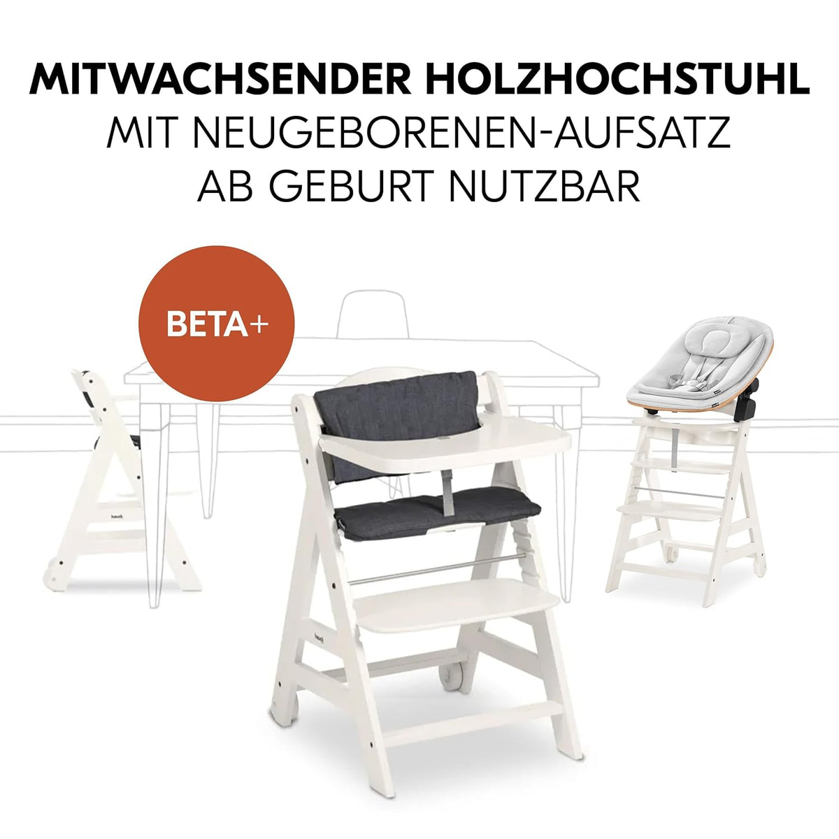 Hauck Trona Beta+ Newborn Set Eco Bouncer - Trona de madera evolutiva para bebés desde el nacimiento, incluye accesorio para recién nacidos, cojín de asiento y bandeja - Gris oscuro