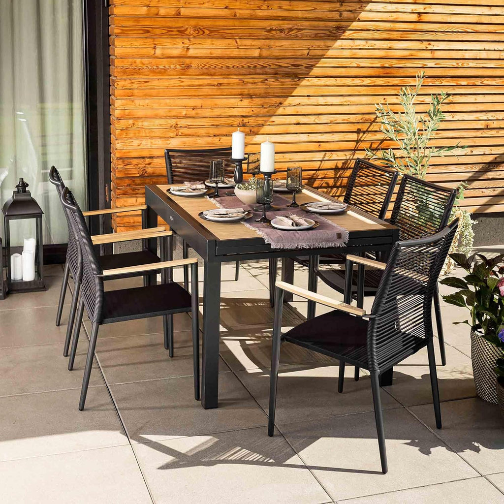 Mesa de jardín extensible di volio Galipo 135-270 cm – Mesa de terraza de aluminio resistente a la intemperie para 6-12 personas – Mesa de comedor con aspecto de madera y patas ajustables (beige)