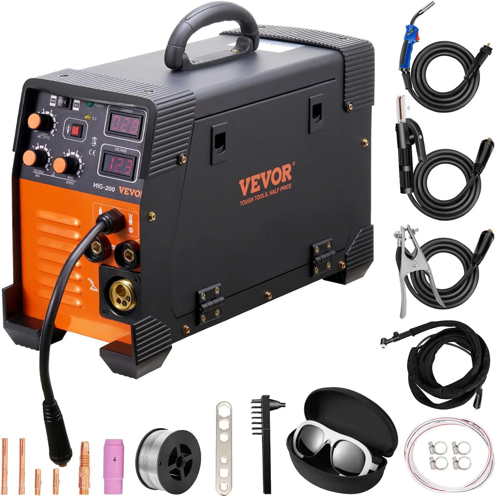 VEVOR Spawarka MIG/MMA/TIG 3 w 1 30-200 A, spawanie drutem wypełniającym (0,6 mm, 0,8 mm i 1 mm), technologia IGBT 2,2-12 m/min, prędkość drutu 200 A przy 60% znamionowym cyklu pracy, stopień ochrony