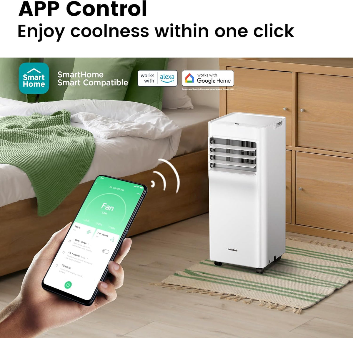 Aire acondicionado portátil Comfee Breezy Cool Pro 2.6, 9000 BTU 2,6 kW, refrigeración, ventilación y deshumidificación, control por aplicación, para habitaciones de hasta 88 m³ (33 m²), aire acondicionado móvil con tubo de escape
