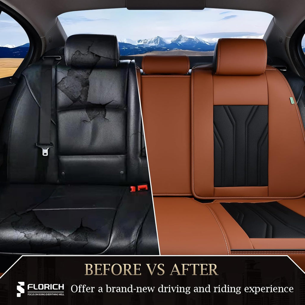 Fundas de asiento trasero FLORICH, fundas de asiento de coche de piel, protector de asiento trasero impermeable, cojín de asiento universal para la mayoría de coches, camionetas y SUV - Marrón y negro