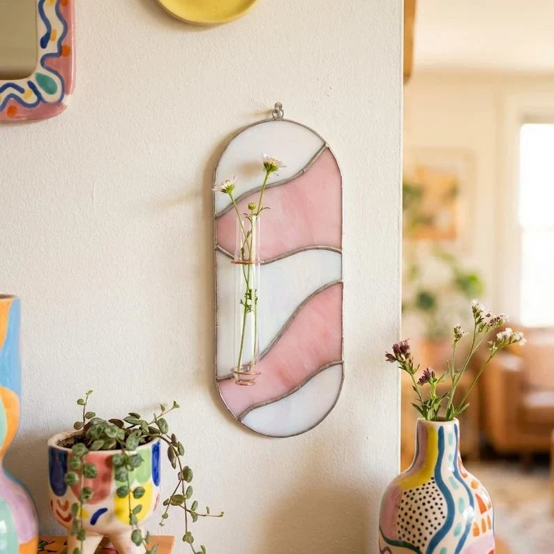 Jarrón de pared de vidrio tintado, onda naranja-rosa, técnica Tiffany con lámina de cobre, con tubo de ensayo | Estación de propagación, decoración de pared