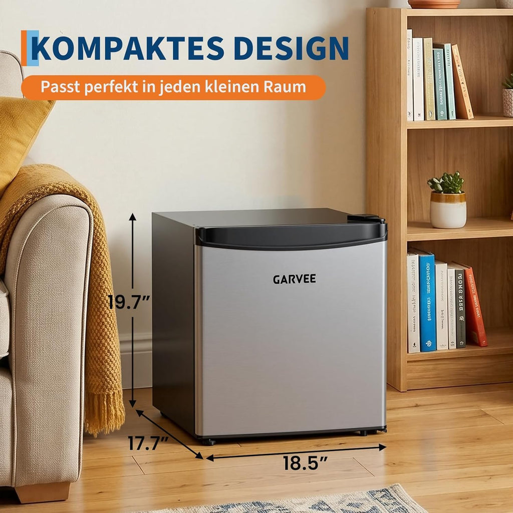 Mininevera Garvee Leiser 45L – frontal de acero inoxidable, 5 niveles de temperatura (0–18 °C), cajón para verduras, patas ajustables, compacta y eficiente energéticamente – para habitaciones y oficina – Estándar europeo